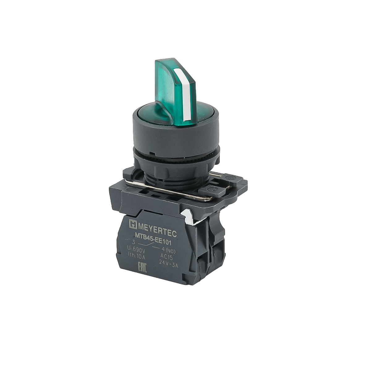 Переключатель  на 3 положения с фиксацией и подсветкой, зеленый, 1NO, 24V AC/DC, IP65, пластик